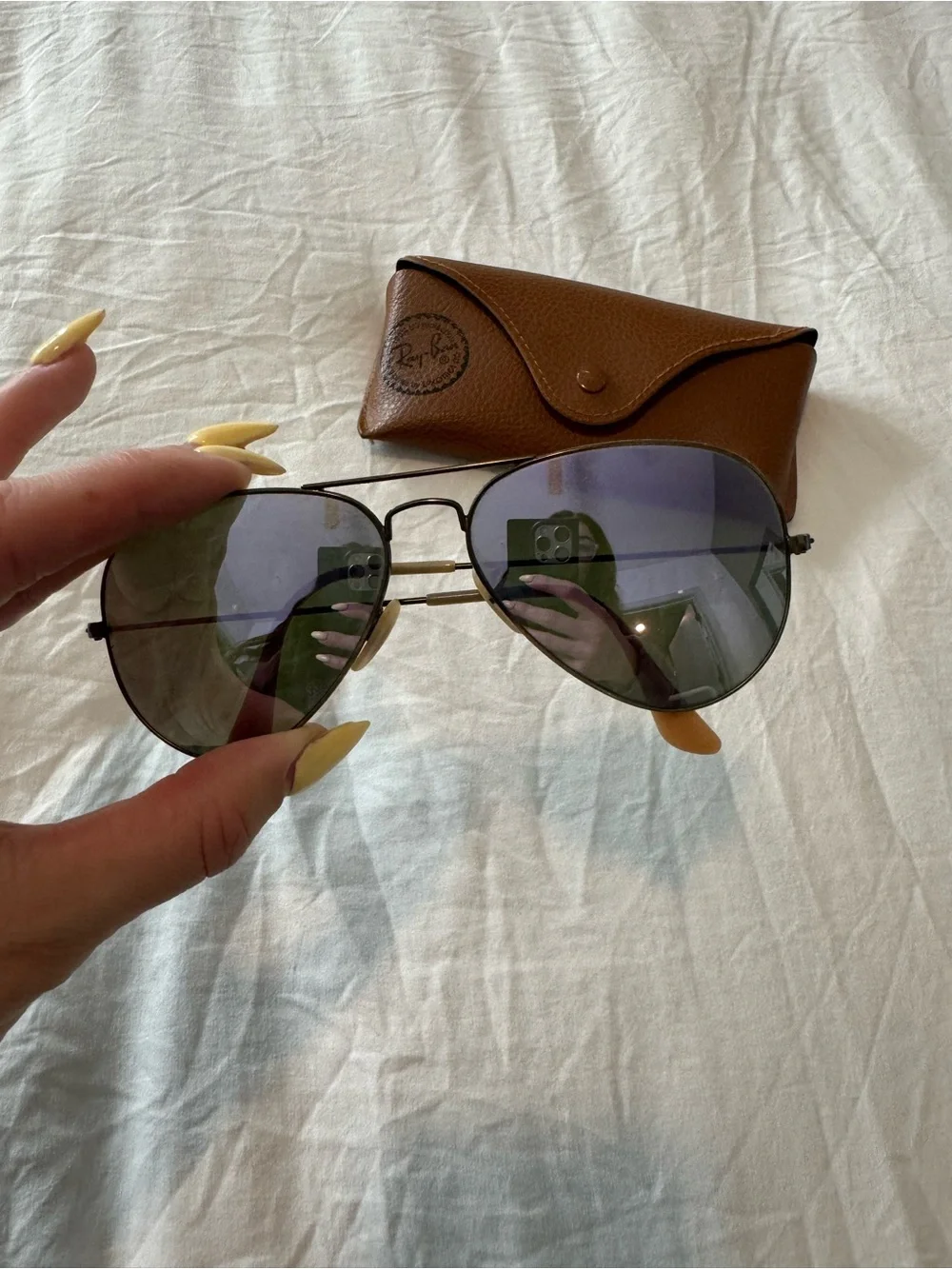Ray-Ban Purple Tinted Aviator Shades with Brown Leather Sunglasses Pouch